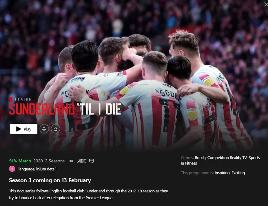 Sunderland Til I Die Terceira e última temporada chegando à Netflix em fevereiro de 2023 App