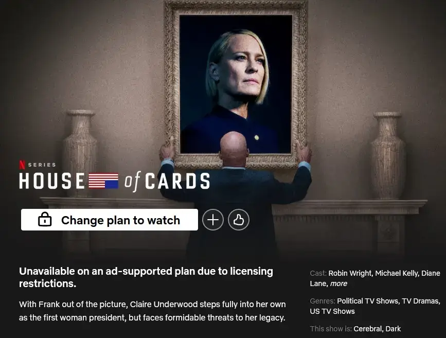 House Of Cards indisponível no nível de anúncios da Netflix