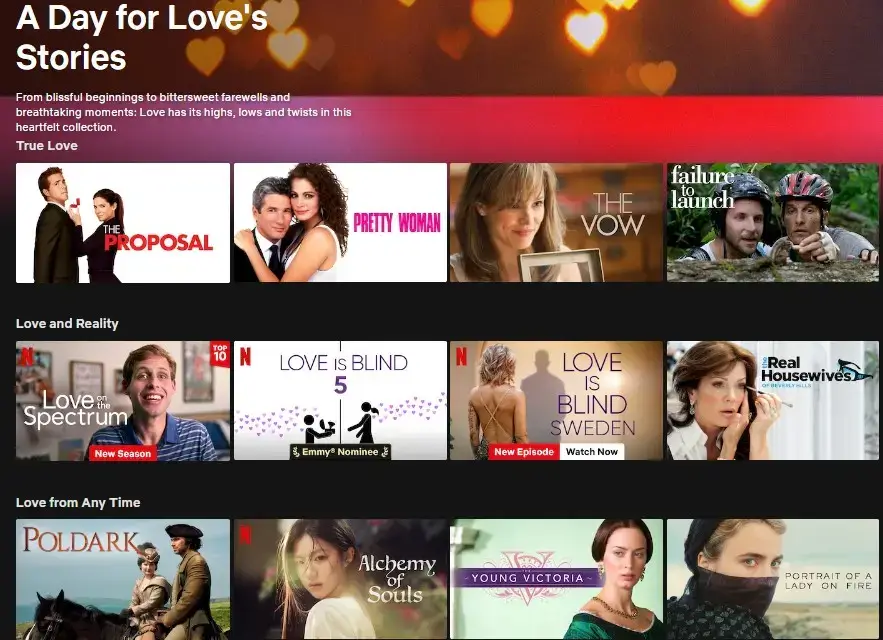 Código de categoria Netflix de um dia para histórias de amor