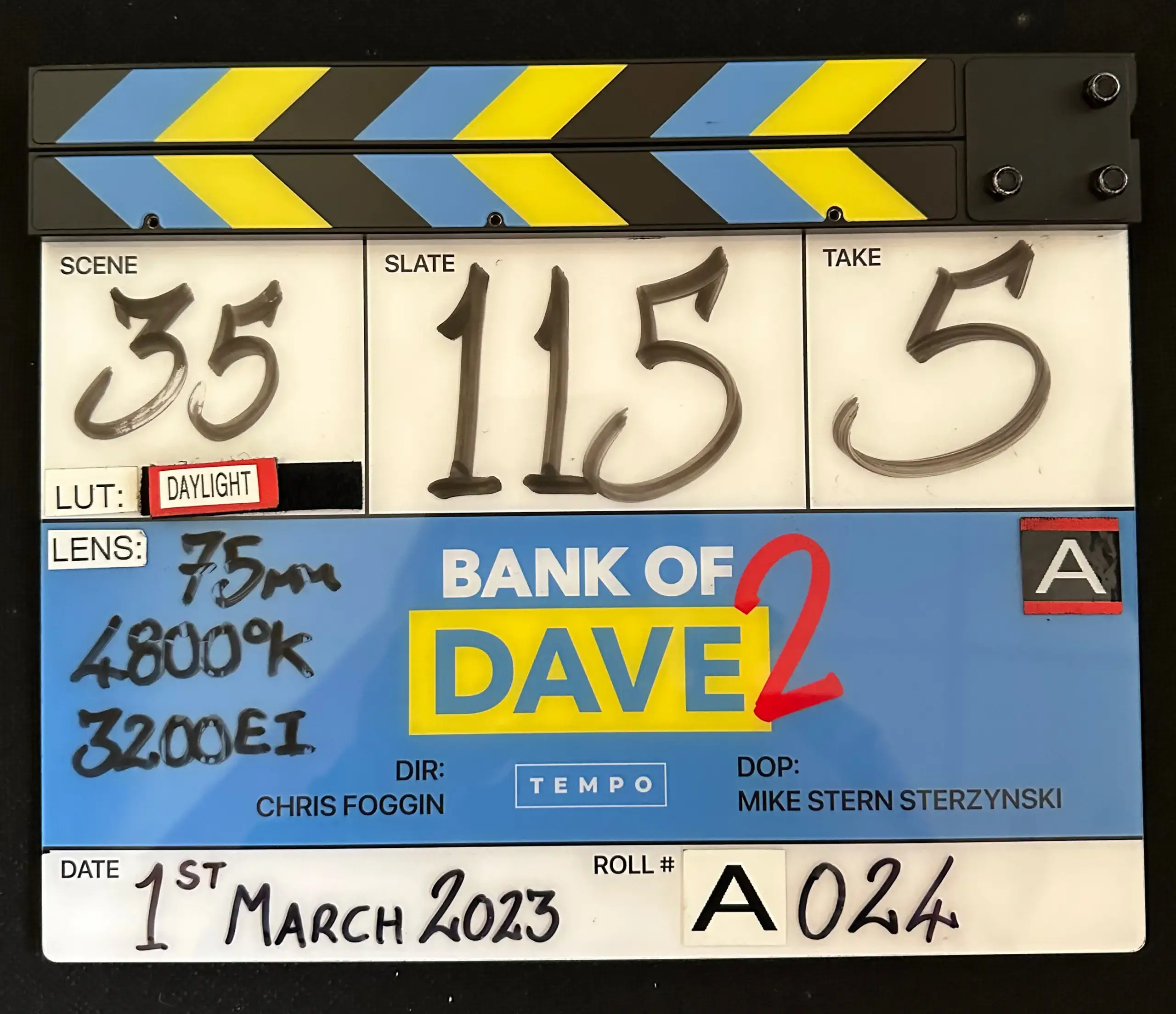 Claquete de produção do Bank Of Dave 2