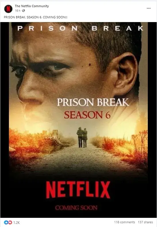 Postagem no Facebook da 6ª temporada de Prison Break