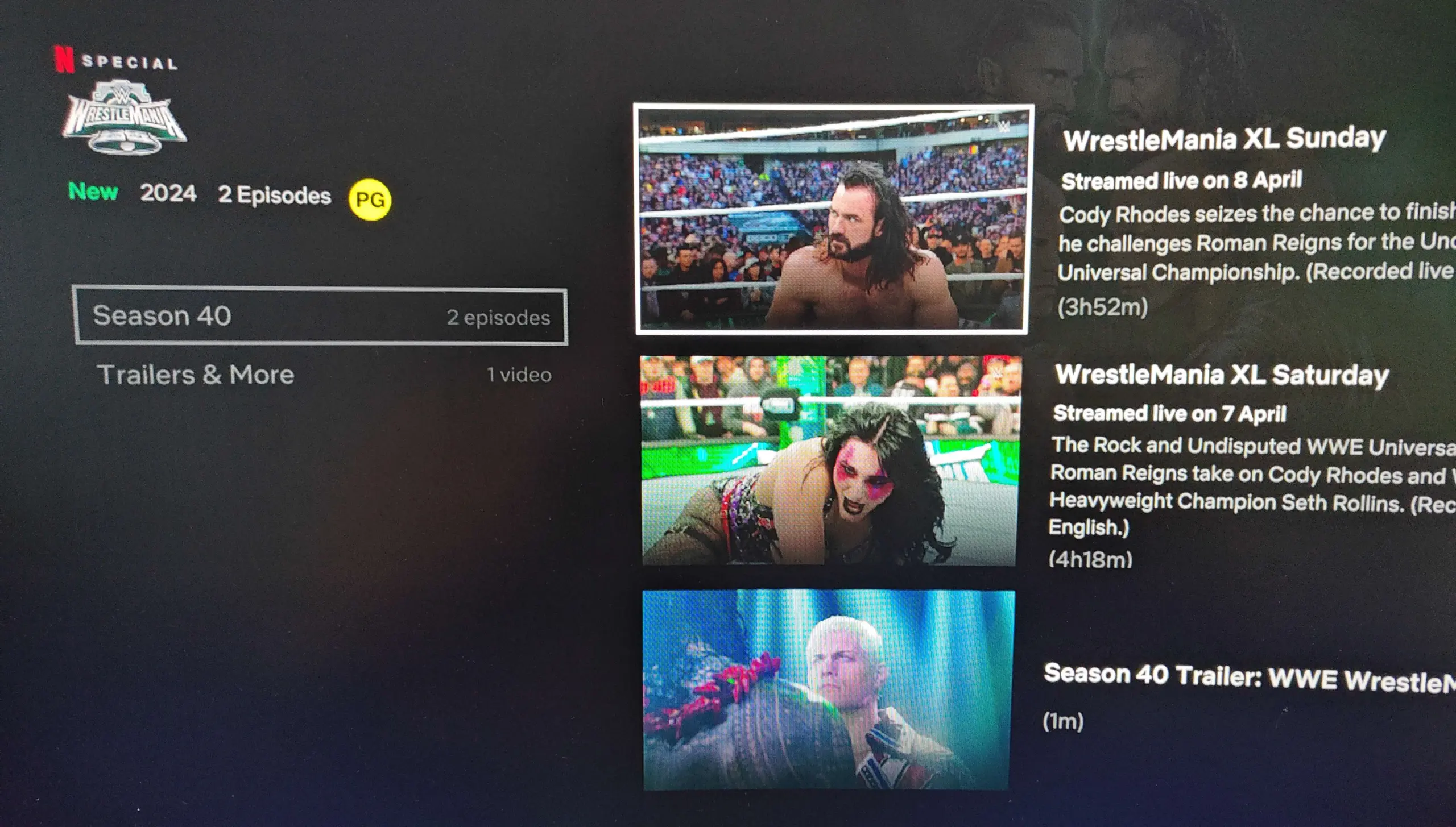 Episódios de Wrestlemania no aplicativo Netflix